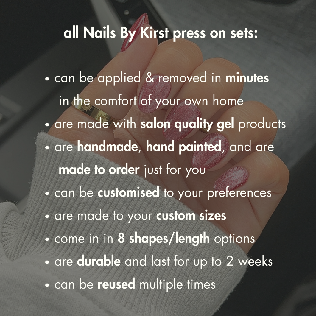 Promotional text about Nails By Kirst press-on nail sets with a hand wearing a set.