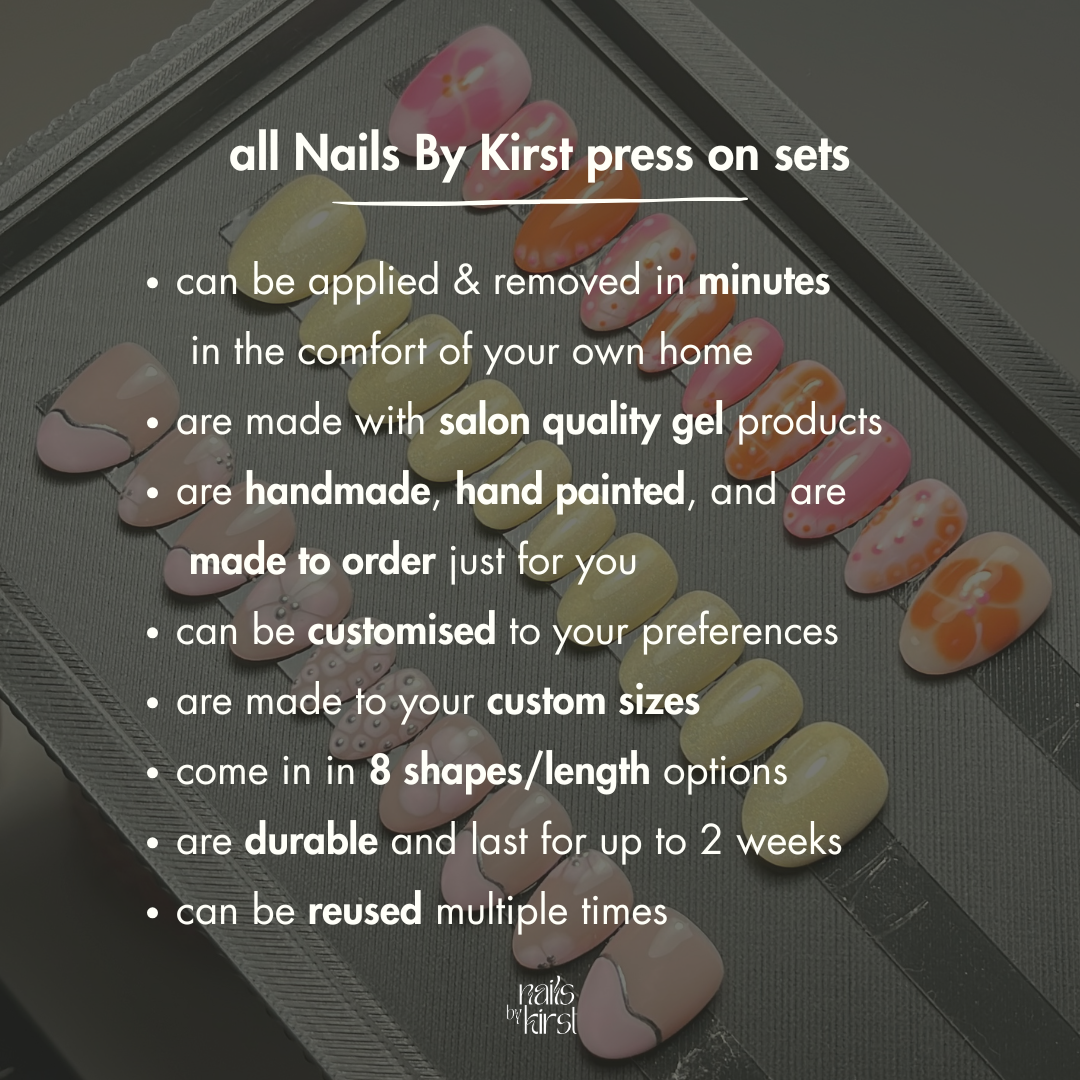 Promotional text about Nails By Kirst press-on nail sets with a close-up of nails in the background.