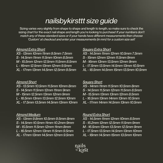 Nails By Kirst Standard Sizing Size Guide