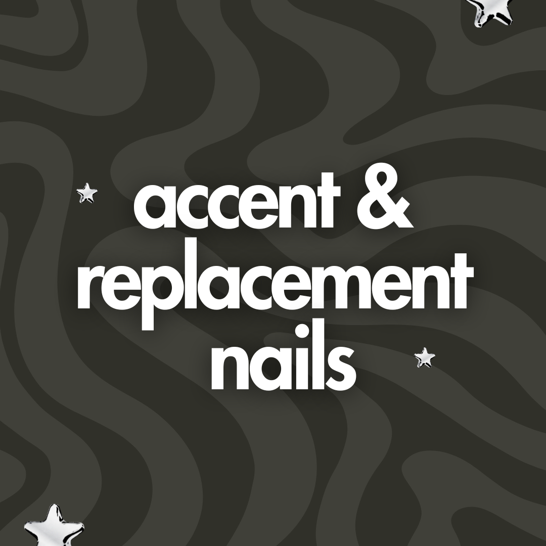 Text reading 'accent & replacement nails' in white on a dark gray wavy patterned background with small white star icons.