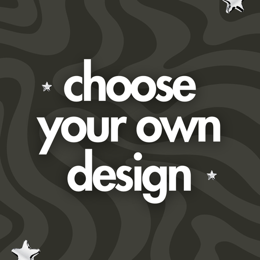 White text reading 'choose your own design' centered on a dark gray wavy abstract background.
