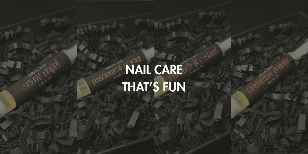 collage of 4 cuticle oil pens with the text "nail care that's fun"
