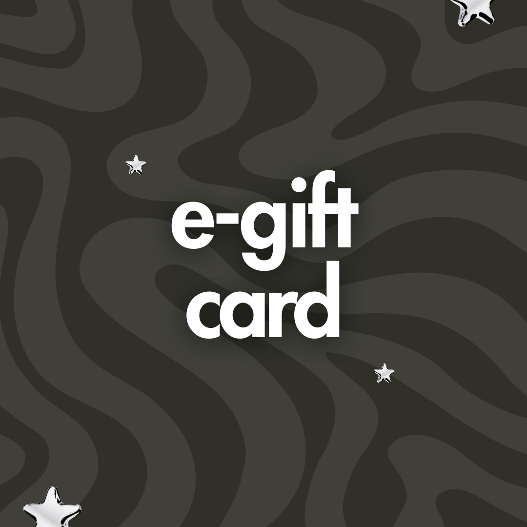 A dark gray background with wavy abstract lines and small white stars, with the words 'e-gift card' centered in large white lowercase text.