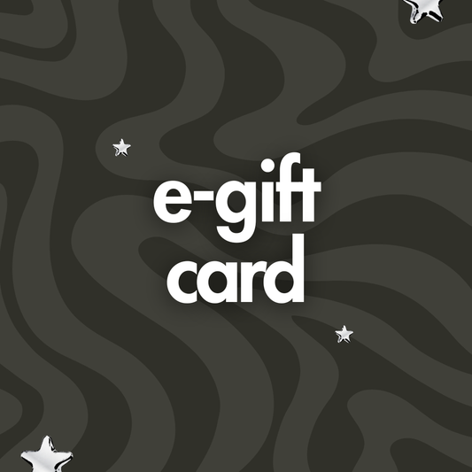 A dark gray background with wavy abstract lines and small white stars, with the words 'e-gift card' centered in large white lowercase text.