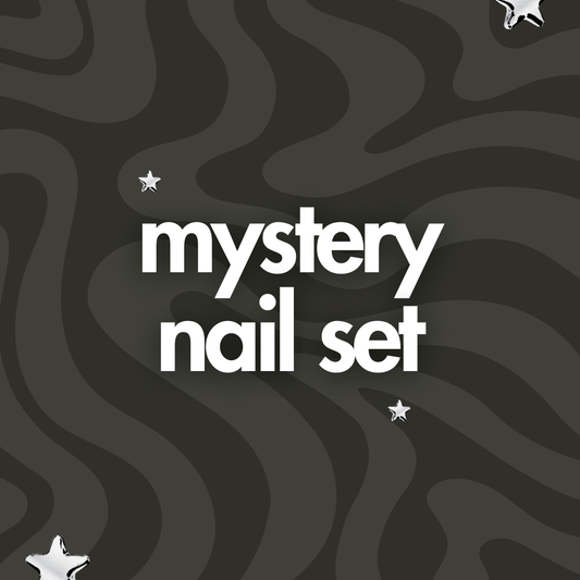 A dark gray graphic with wavy abstract lines and white text reading 'mystery nail set'.