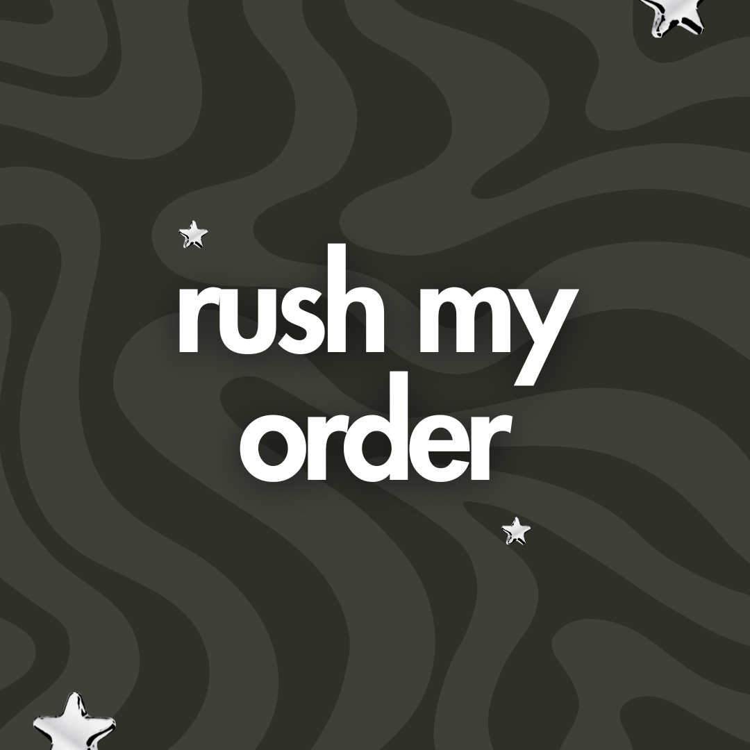 A square graphic with the words 'rush my order' in large white lowercase text over a dark gray background with wavy abstract lines and small white star shapes.