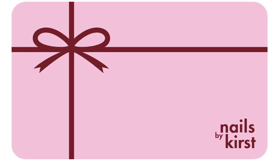 Pink gift card or gift wrap graphic with a dark burgundy bow and ribbon design and the visible brand text 'nails by kirst' in the lower right corner.